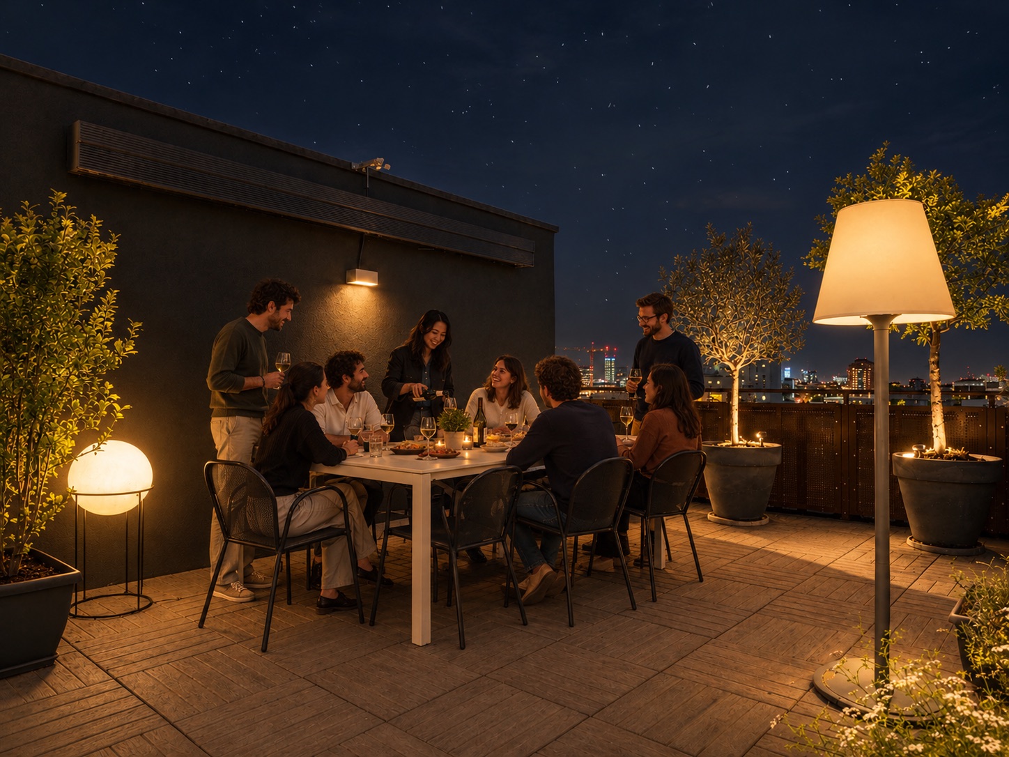 Aperitivo tra amici in terrazza, di sera, attorno al tavolo allungato, con lo skyline di Milano illuminato